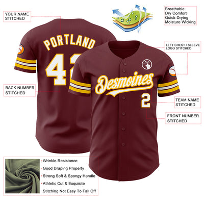 Custom Burgundy White-Gold Authentic Baseball Jersey