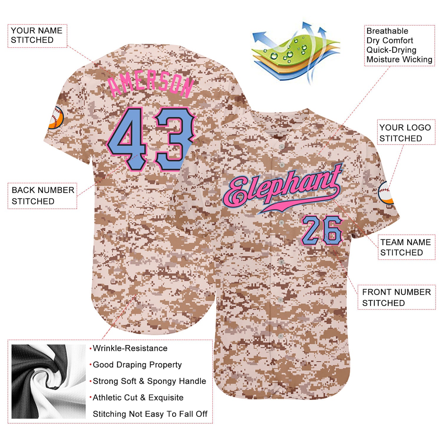 Custom Camo Light Blue-Pink Authentic Salute To Service Baseball Jersey