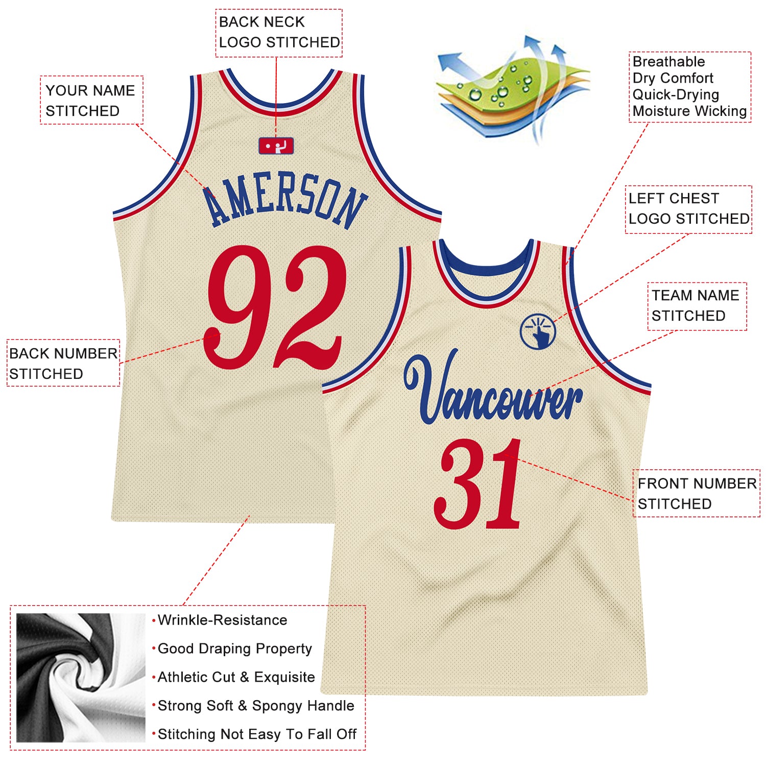 Custom Cream Red-Royal Authentic Throwback Basketball Jersey