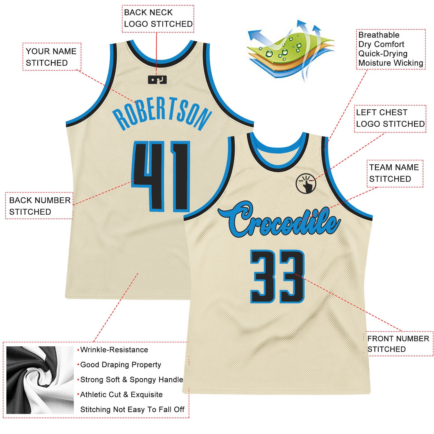 Custom Cream Black-Blue Authentic Throwback Basketball Jersey