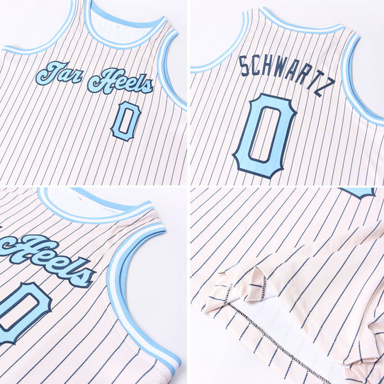 Custom Cream Navy Pinstripe Light Blue-Black Authentic Basketball Jersey