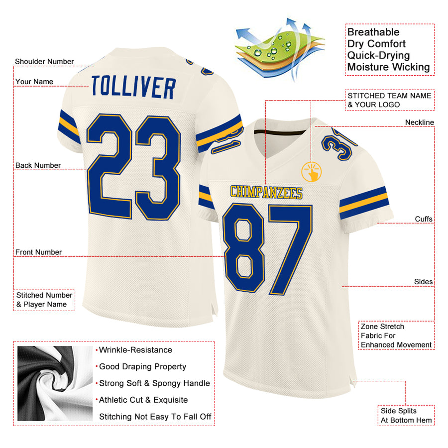 Custom Cream Royal-Gold Mesh Authentic Football Jersey