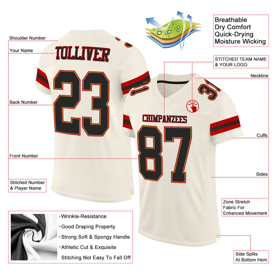 Custom Cream Black-Red Mesh Authentic Football Jersey