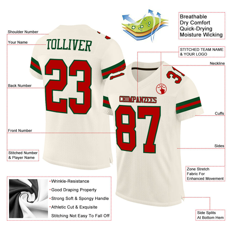 Custom Cream Red-Green Mesh Authentic Football Jersey