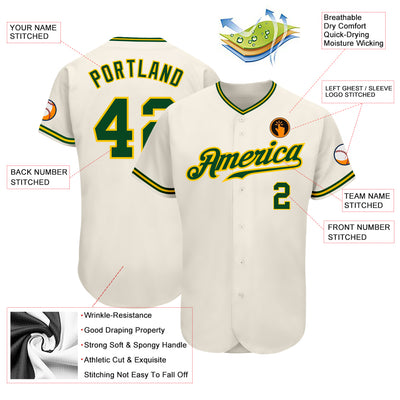 Custom Cream Green-Gold Authentic Baseball Jersey