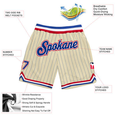 Custom Cream Royal Pinstripe Royal-Red Authentic Basketball Shorts