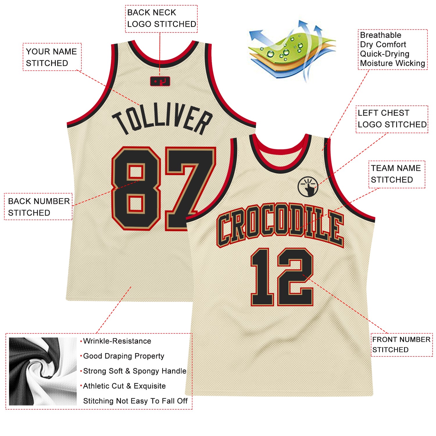 Custom Cream Black-Red Authentic Throwback Basketball Jersey