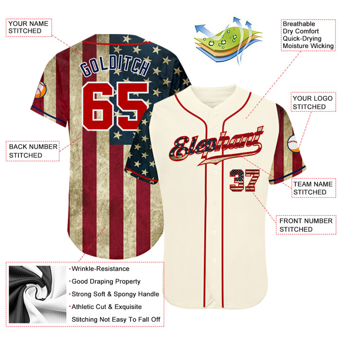 Custom Cream Red-Navy 3D American Flag Authentic Baseball Jersey