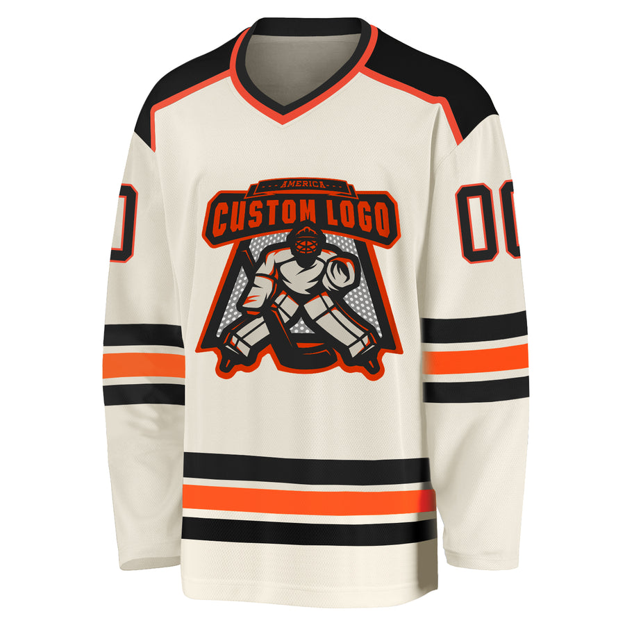 Custom Cream Black-Orange Hockey Jersey