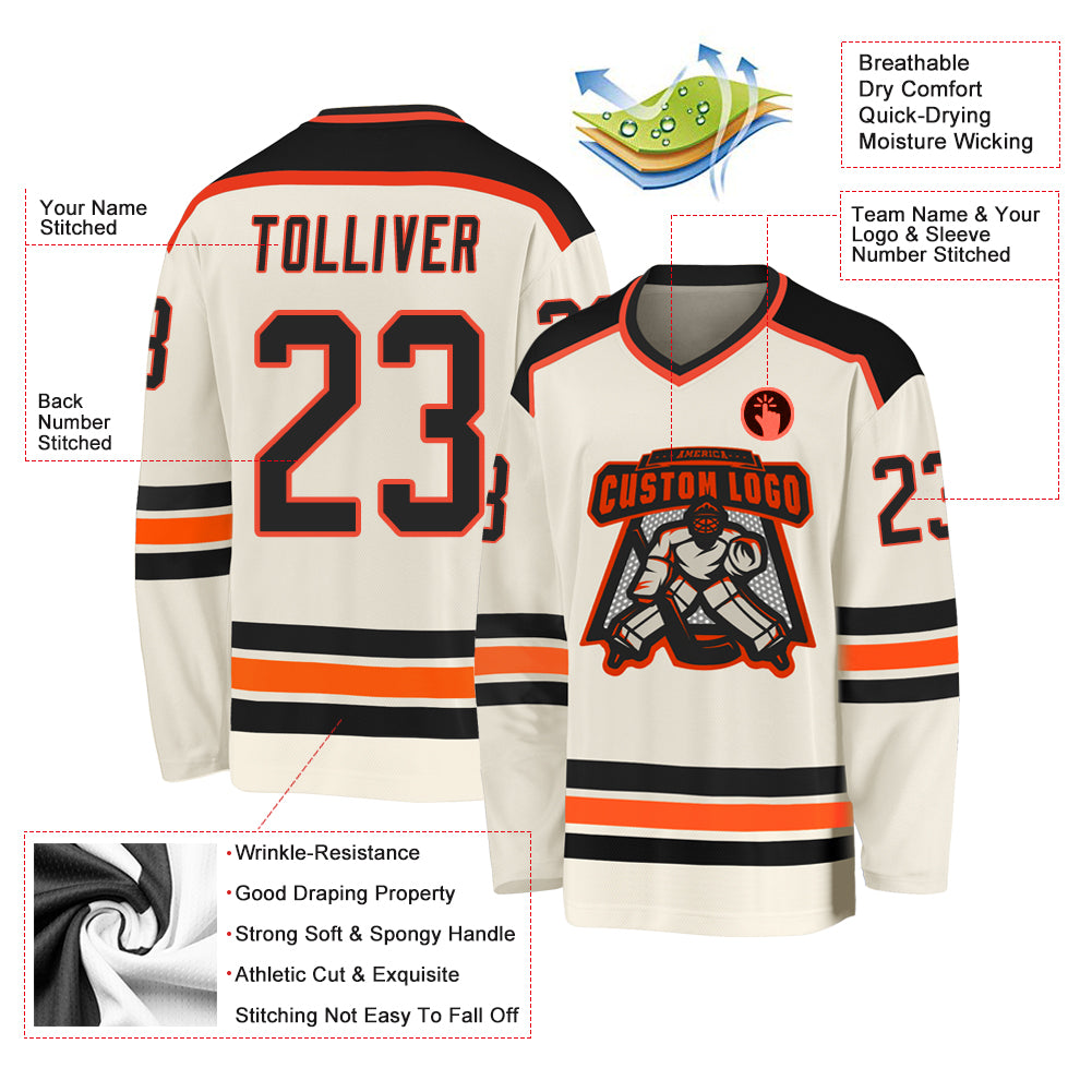 Custom Cream Black-Orange Hockey Jersey