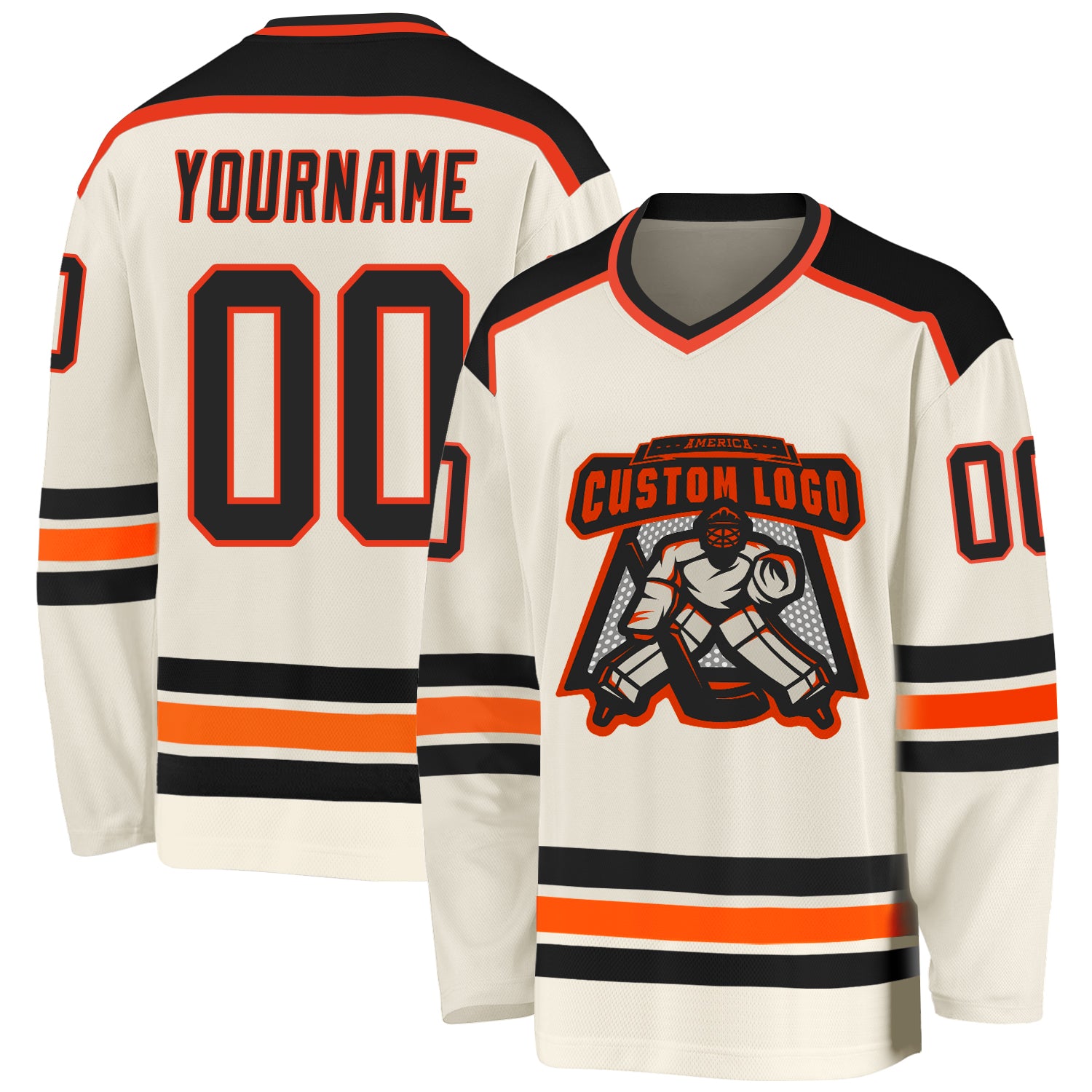 Custom Cream Black-Orange Hockey Jersey