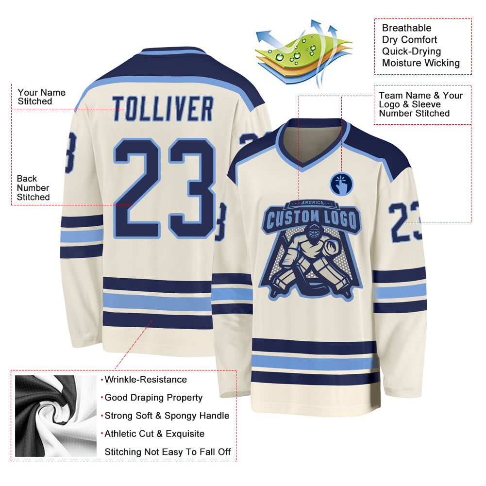 Custom Cream Navy-Light Blue Hockey Jersey