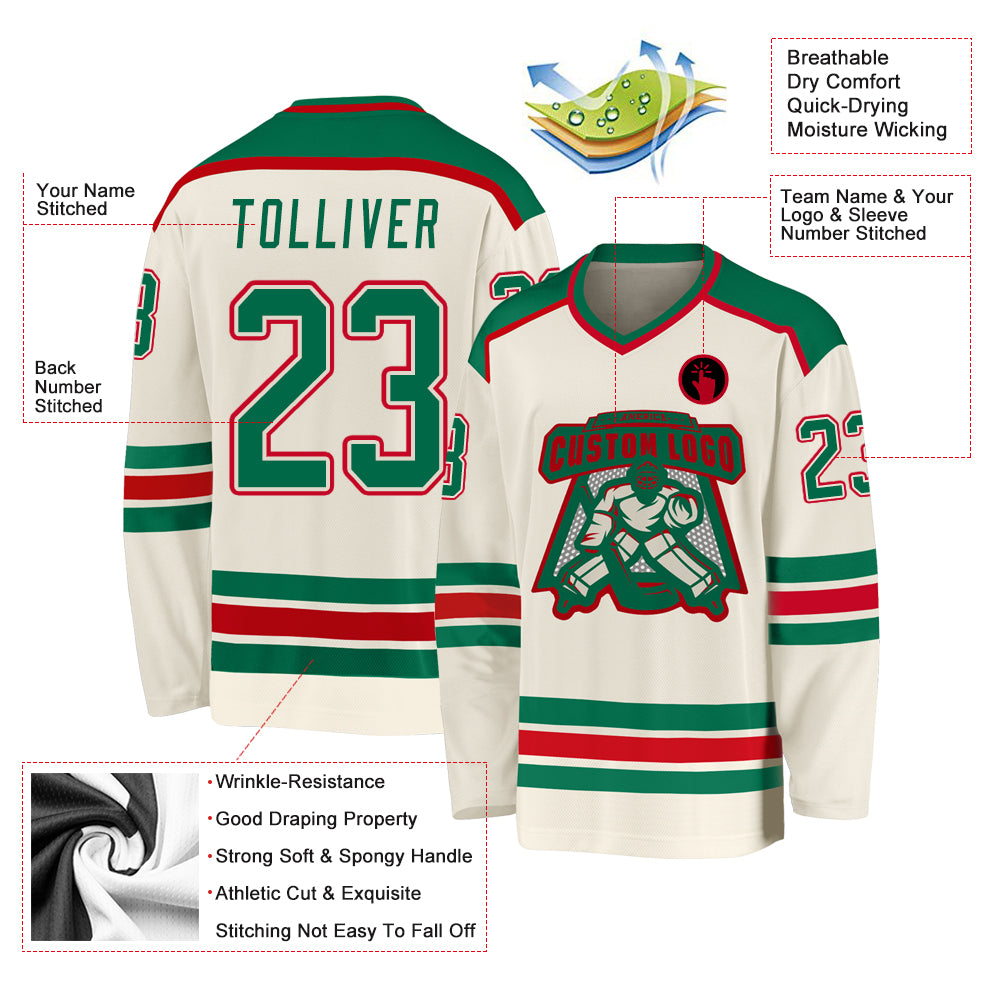 Custom Cream Kelly Green-Red Hockey Jersey