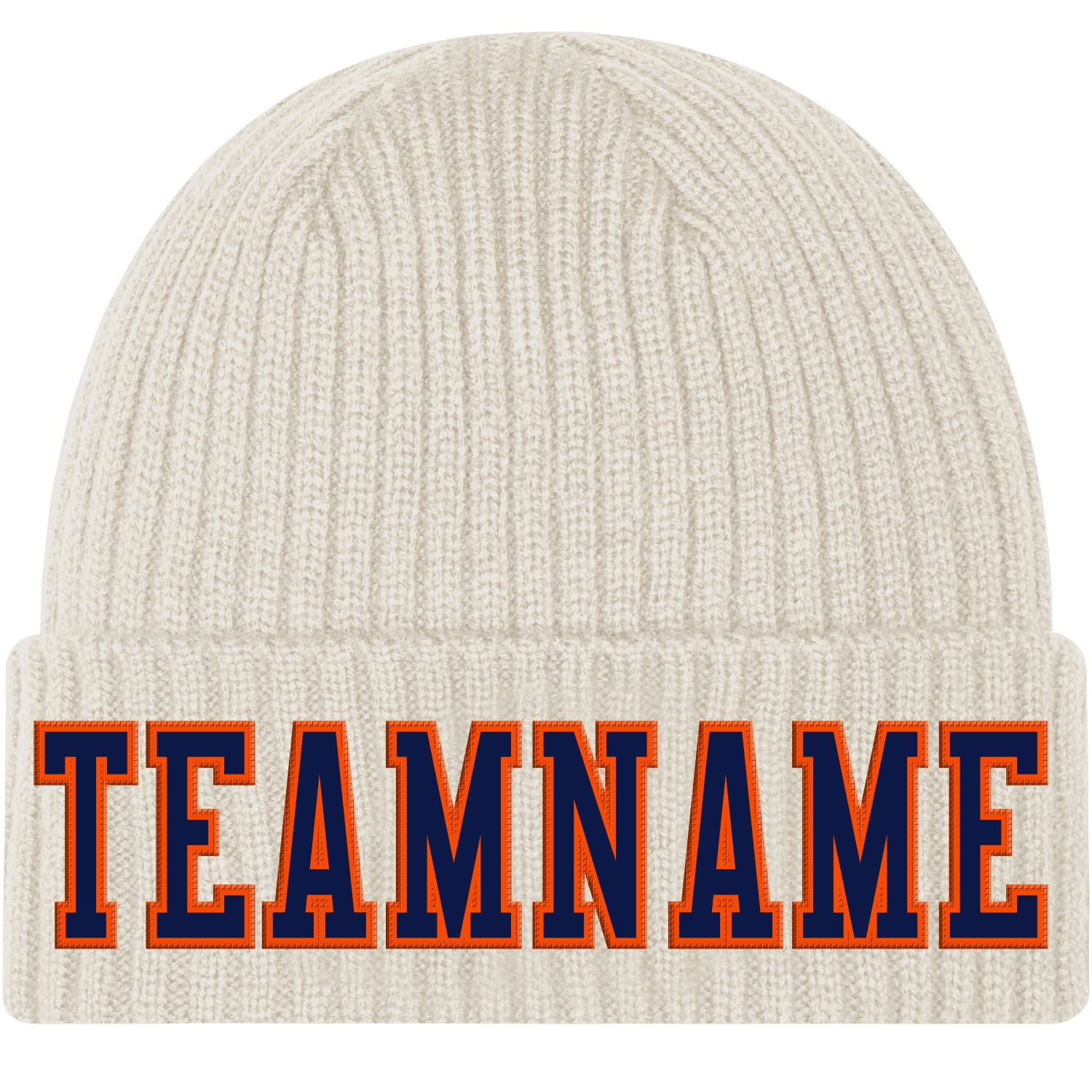 Custom Cream Navy-Orange Stitched Cuffed Knit Hat