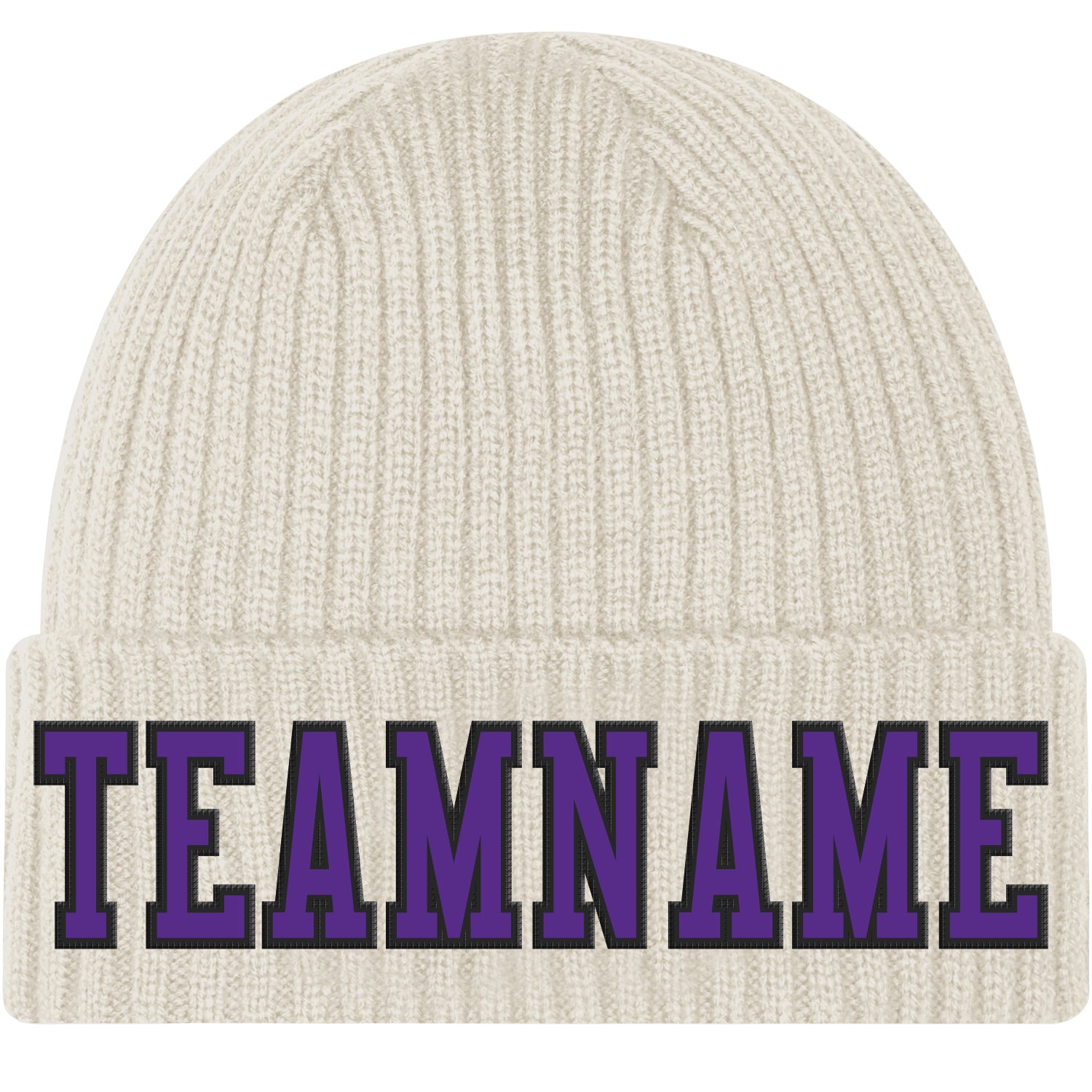 Custom Cream Purple-Black Stitched Cuffed Knit Hat