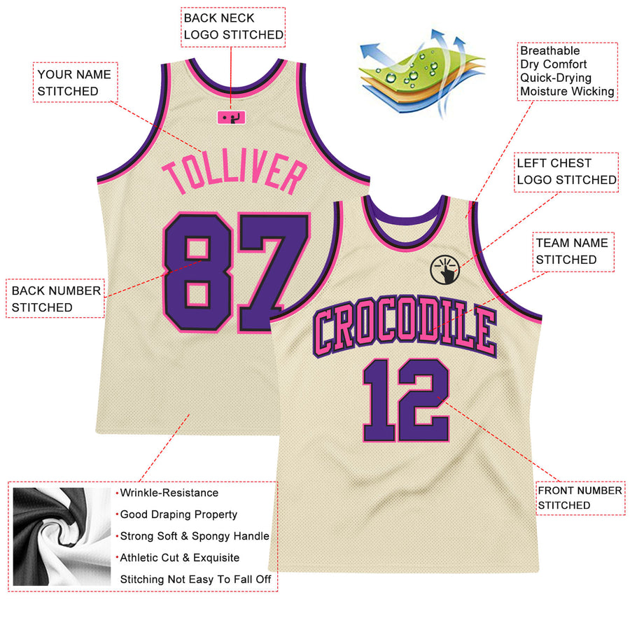 Custom Cream Purple Black-Pink Authentic Throwback Basketball Jersey