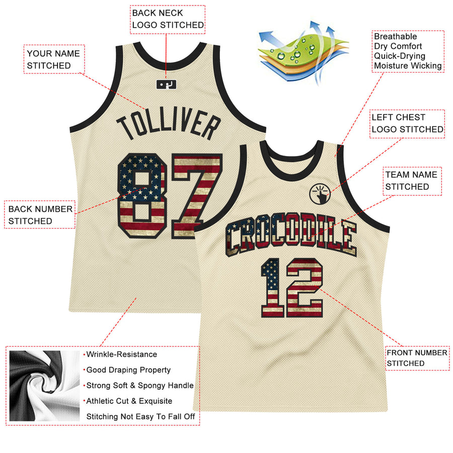 Custom Cream Vintage USA Flag-Black Authentic Throwback Basketball Jersey