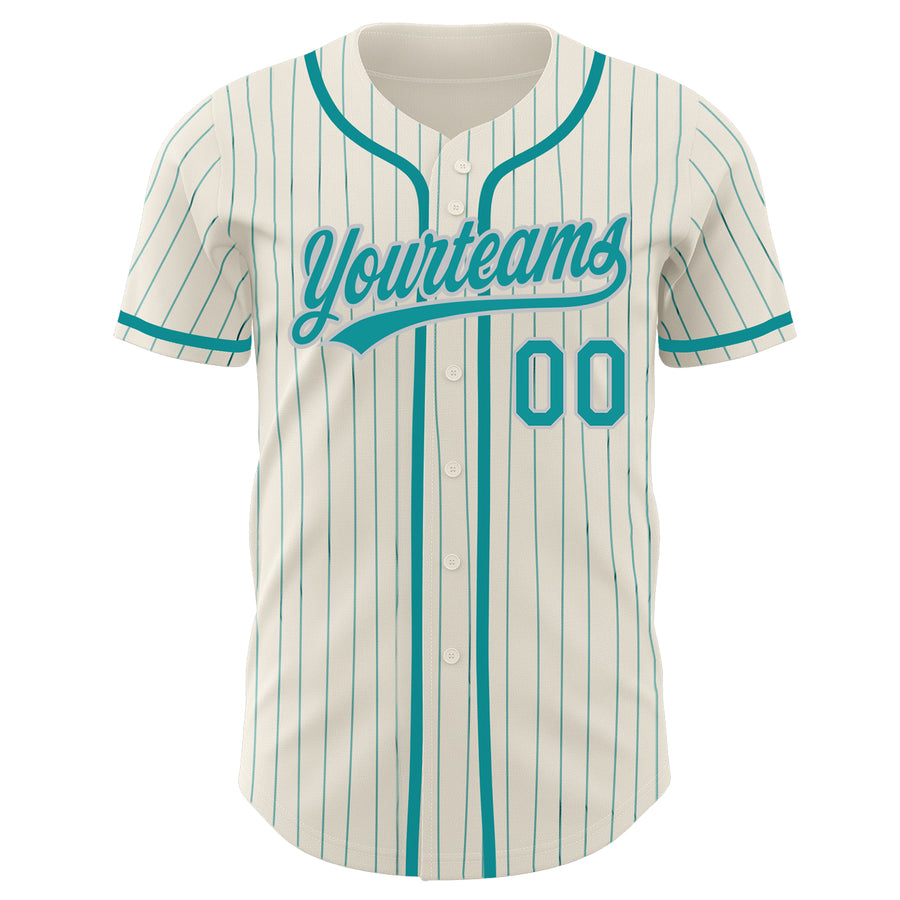 Custom Cream Teal Pinstripe Teal-Gray Authentic Baseball Jersey