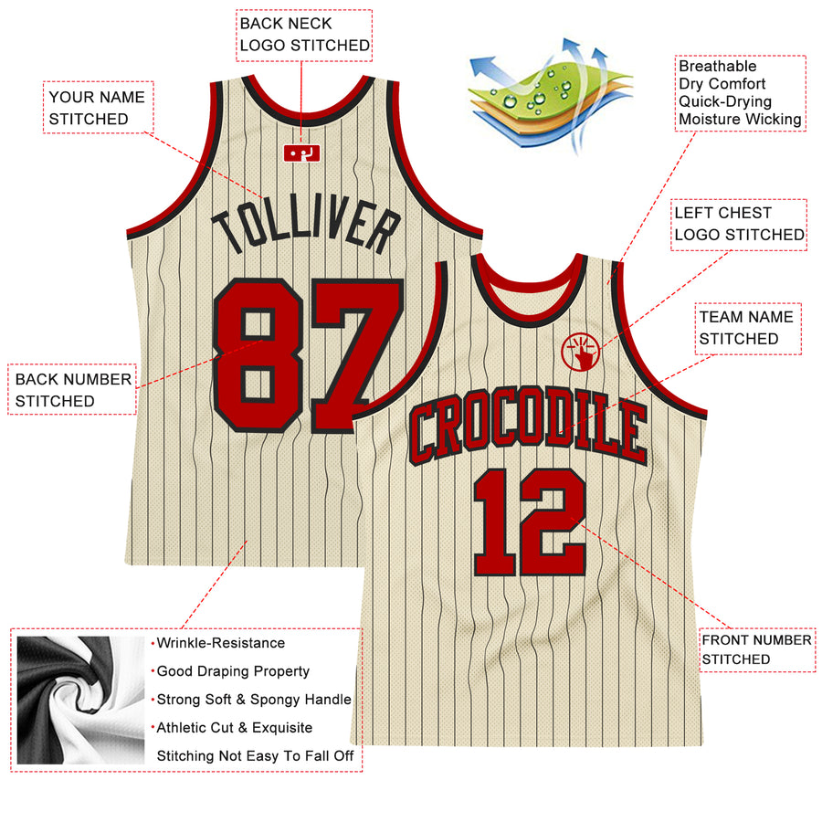 Custom Cream Black Pinstripe Red Authentic Basketball Jersey