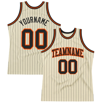 Custom Cream Black Pinstripe Black-Orange Authentic Basketball Jersey