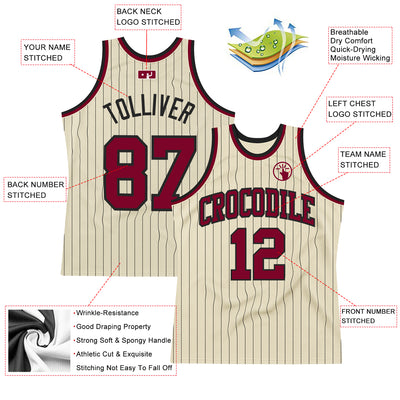 Custom Cream Black Pinstripe Maroon-Black Authentic Basketball Jersey