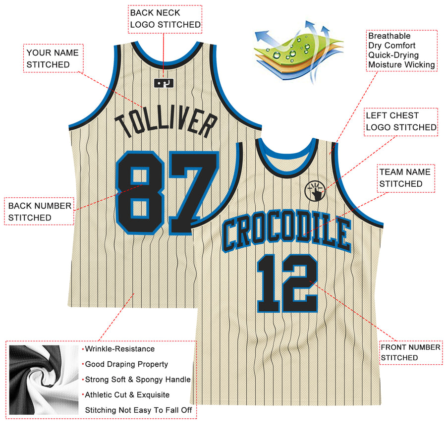 Custom Cream Black Pinstripe Black-Blue Authentic Basketball Jersey