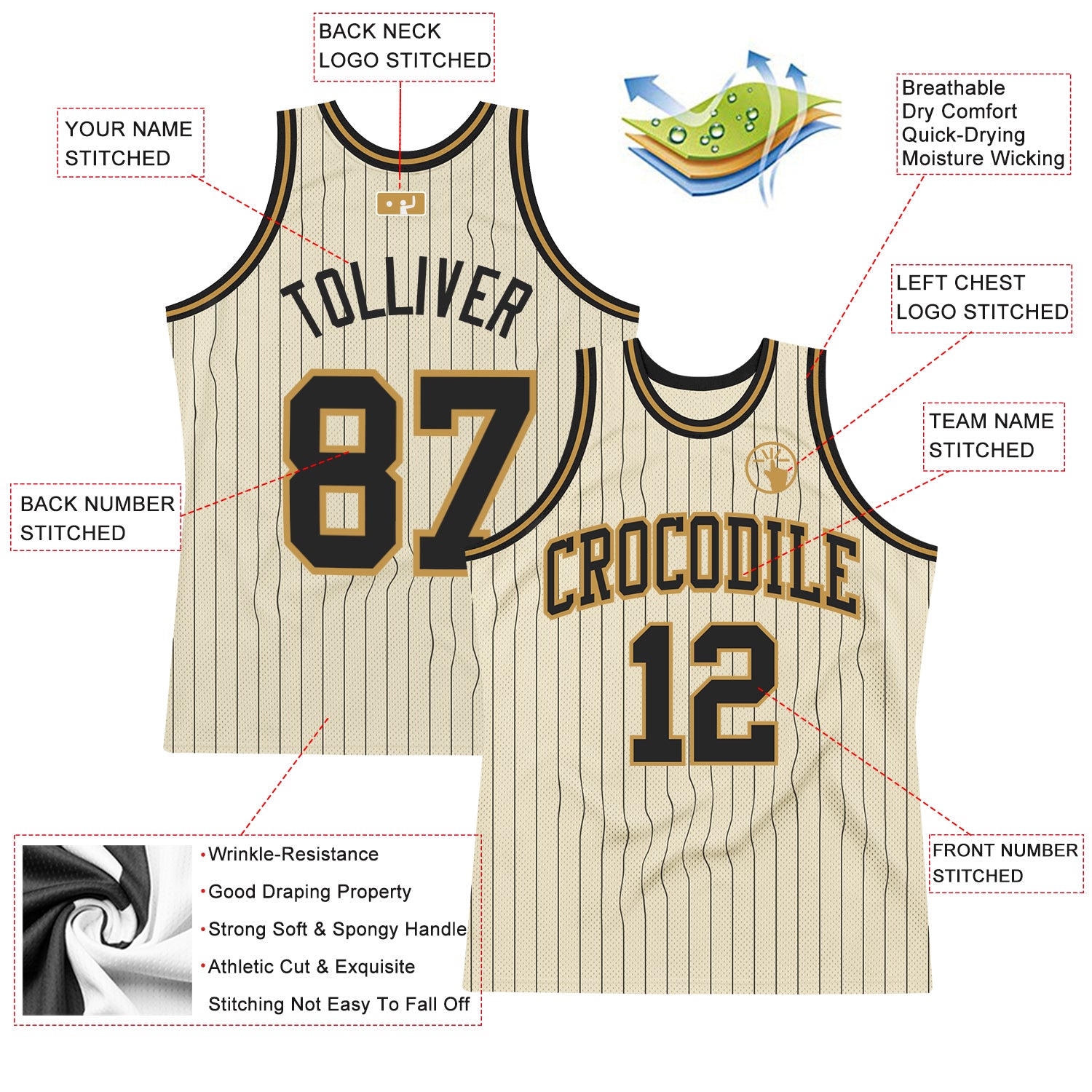 Custom Cream Black Pinstripe Black-Old Gold Authentic Basketball Jersey