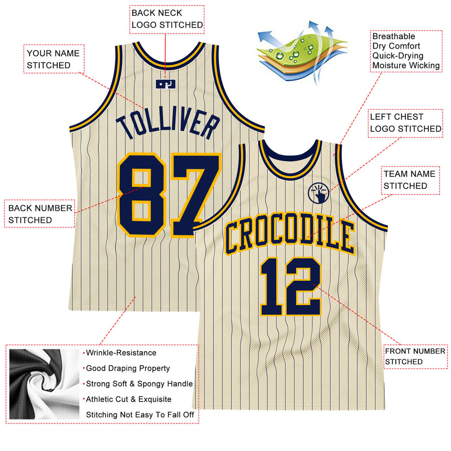 Custom Cream Navy Pinstripe Navy-Gold Authentic Basketball Jersey