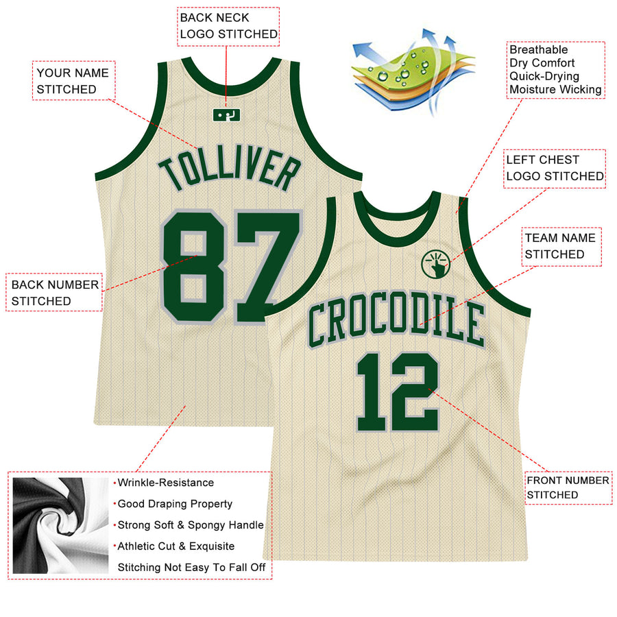 Custom Cream Gray Pinstripe Green Authentic Basketball Jersey