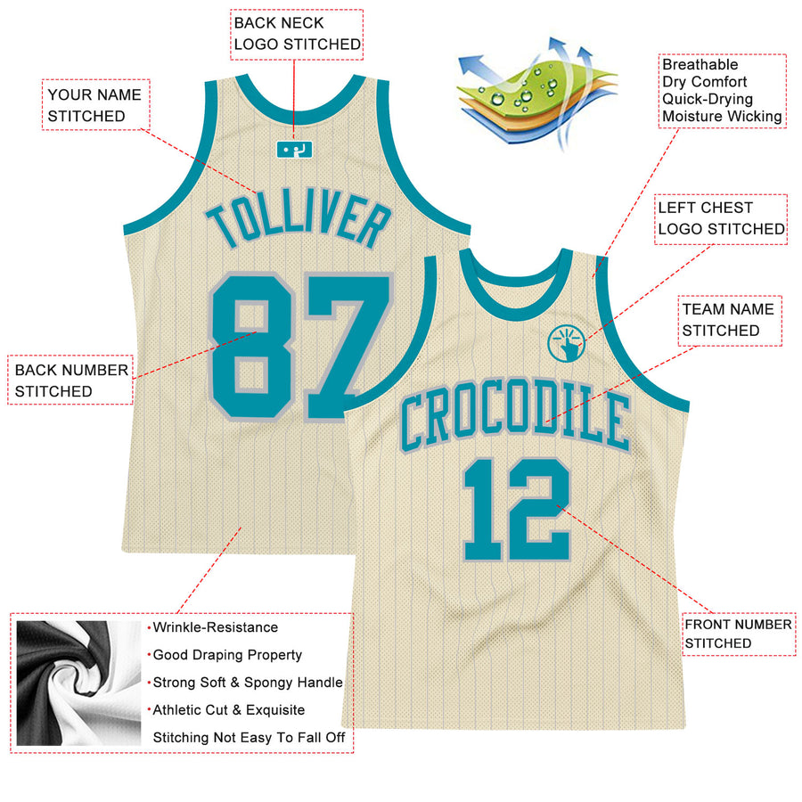 Custom Cream Gray Pinstripe Teal Authentic Basketball Jersey