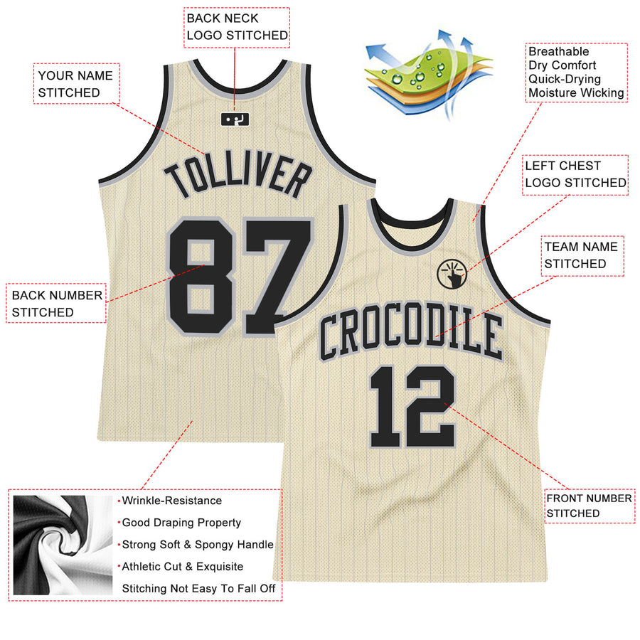 Custom Cream Gray Pinstripe Black Authentic Basketball Jersey