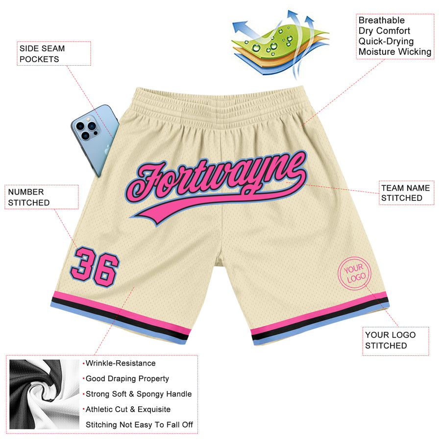 Custom Cream Pink Black-Light Blue Authentic Throwback Basketball Shorts