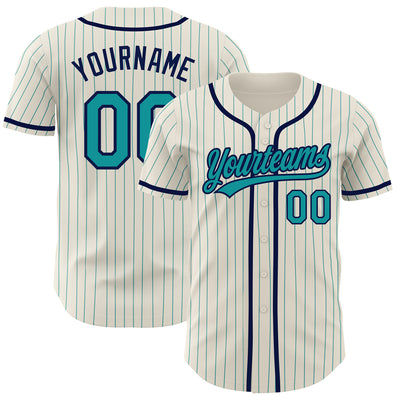 Custom Cream Teal Pinstripe Navy Authentic Baseball Jersey