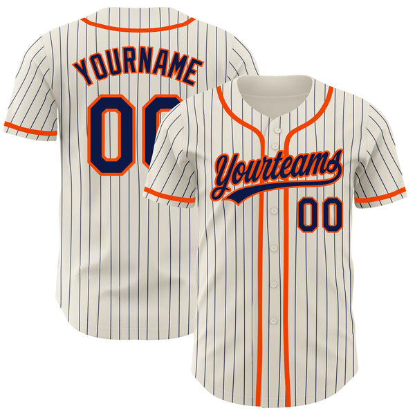 Custom Baseball Jersey Cream Navy Pinstripe Orange Authentic Youth Size:M