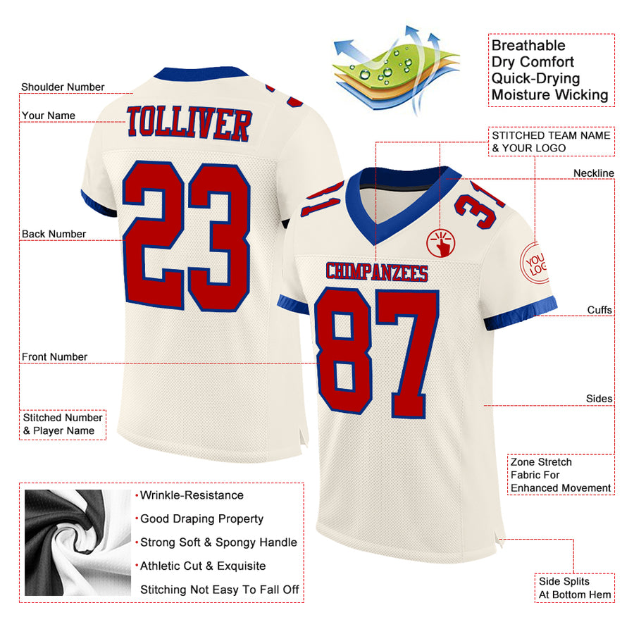 Custom Cream Red-Royal Mesh Authentic Football Jersey