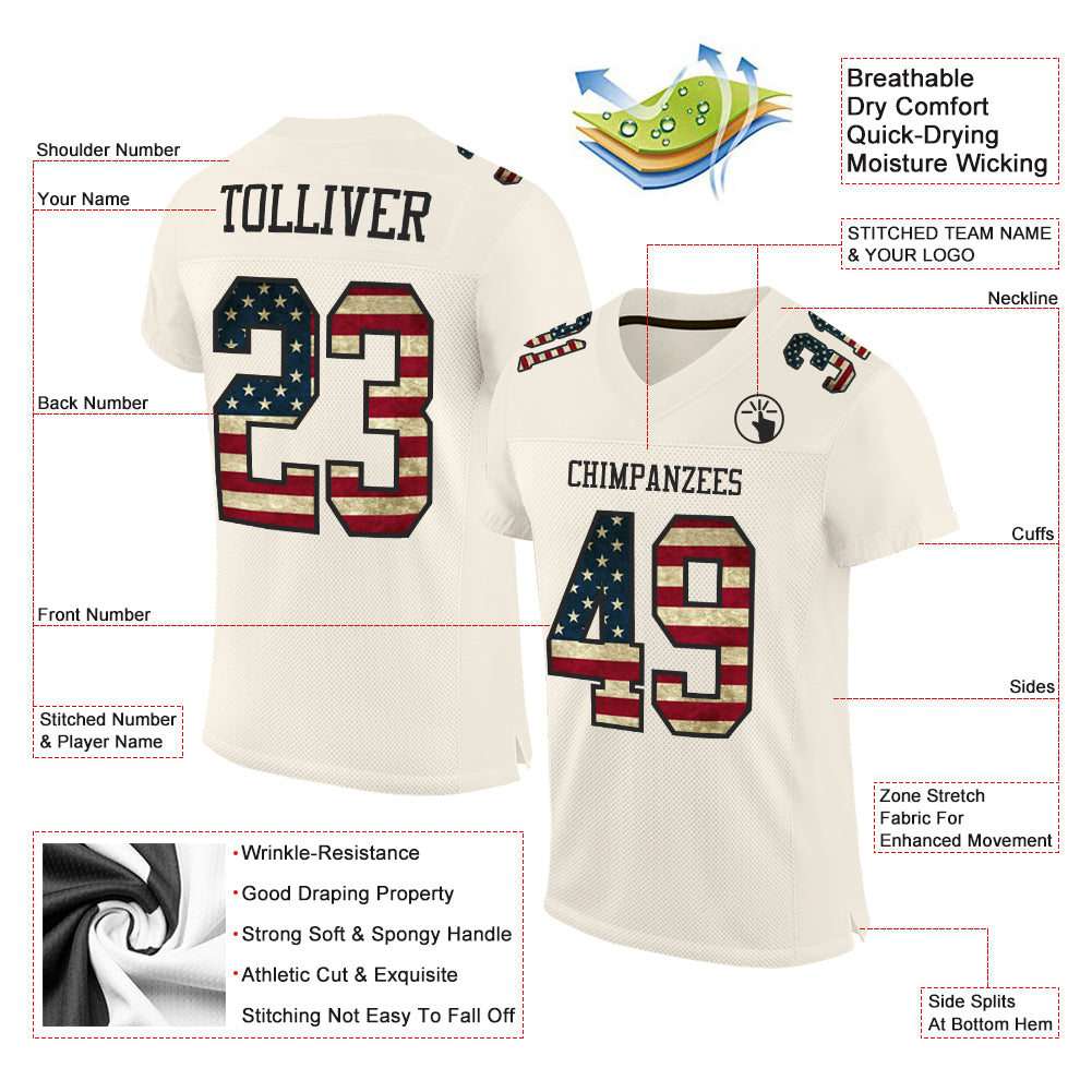 Custom Cream Vintage USA Flag-Black Mesh Authentic Football Jersey Discount