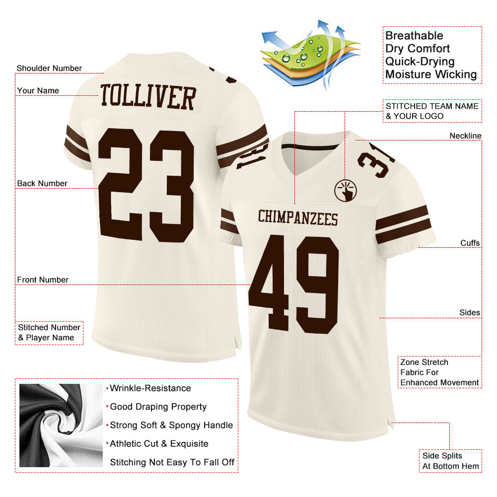 Custom Football Jersey Cream Brown Mesh Authentic Men's Size:3XL