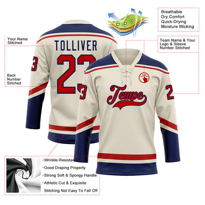 Custom Cream Red-Navy Hockey Lace Neck Jersey