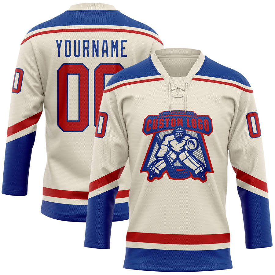 Custom Cream Red-Royal Hockey Lace Neck Jersey