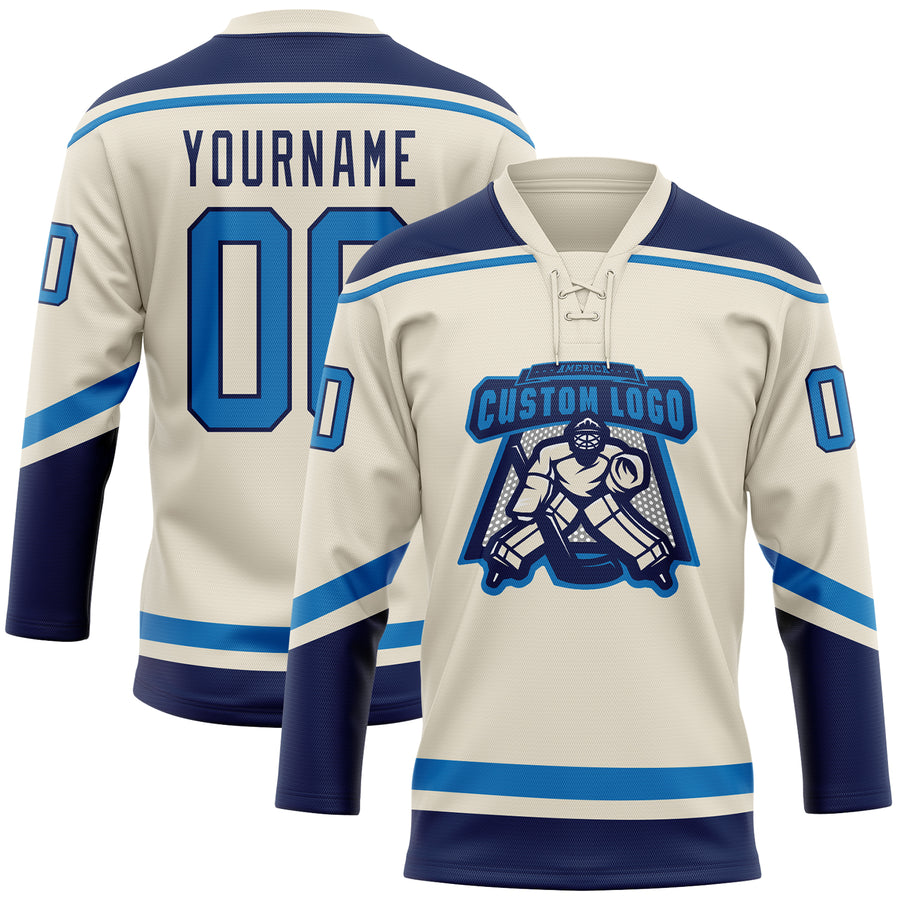 Custom Cream Blue-Navy Hockey Lace Neck Jersey