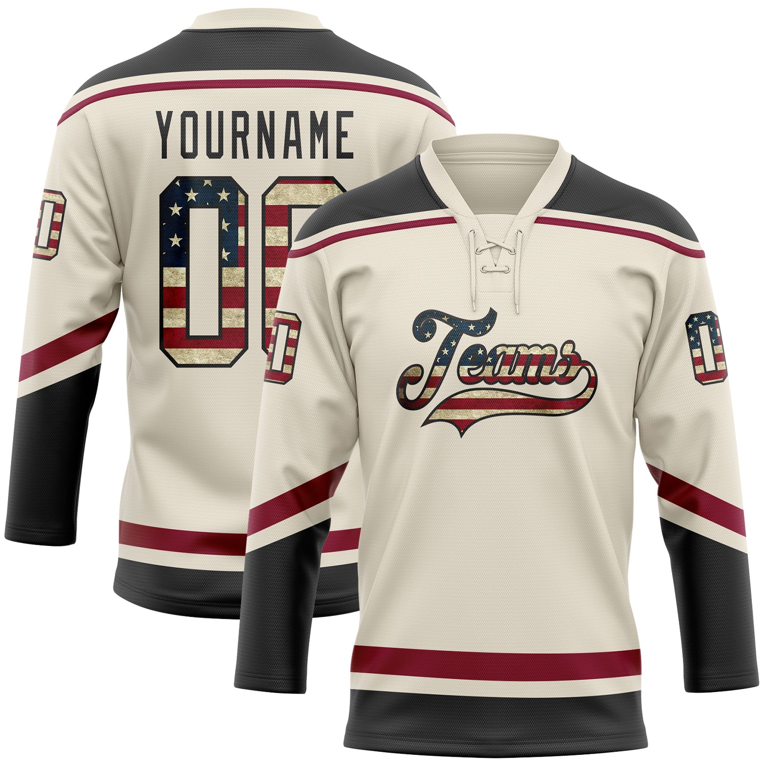 Custom Black Vintage USA Flag Cream-Crimson Hockey Lace Neck