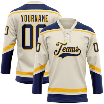 Custom Cream Navy-Gold Hockey Lace Neck Jersey