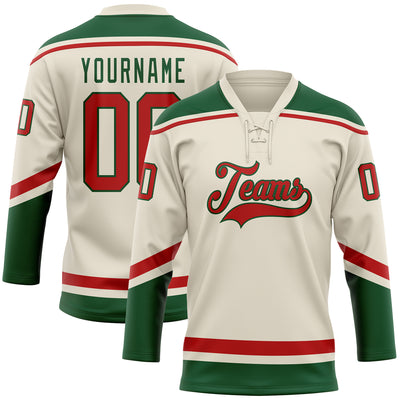 Custom Green Cream-Red Hockey Jersey Discount - FansIdea