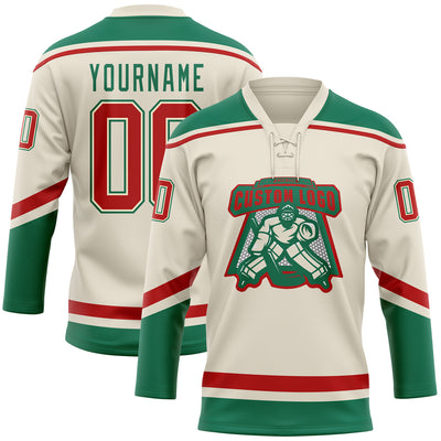 Custom Cream Red-Kelly Green Hockey Lace Neck Jersey