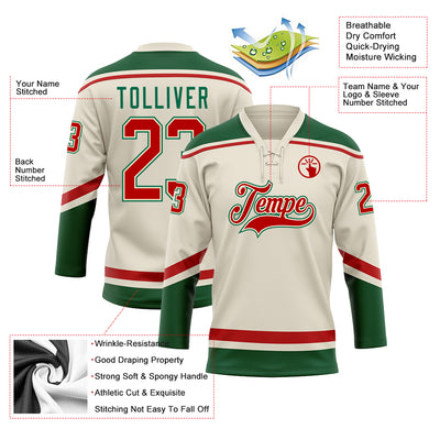 Custom Cream Red-Kelly Green Hockey Lace Neck Jersey