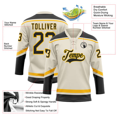 Custom Cream Black-Gold Hockey Lace Neck Jersey