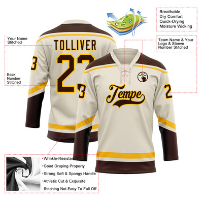 Custom Cream Brown-Gold Hockey Lace Neck Jersey