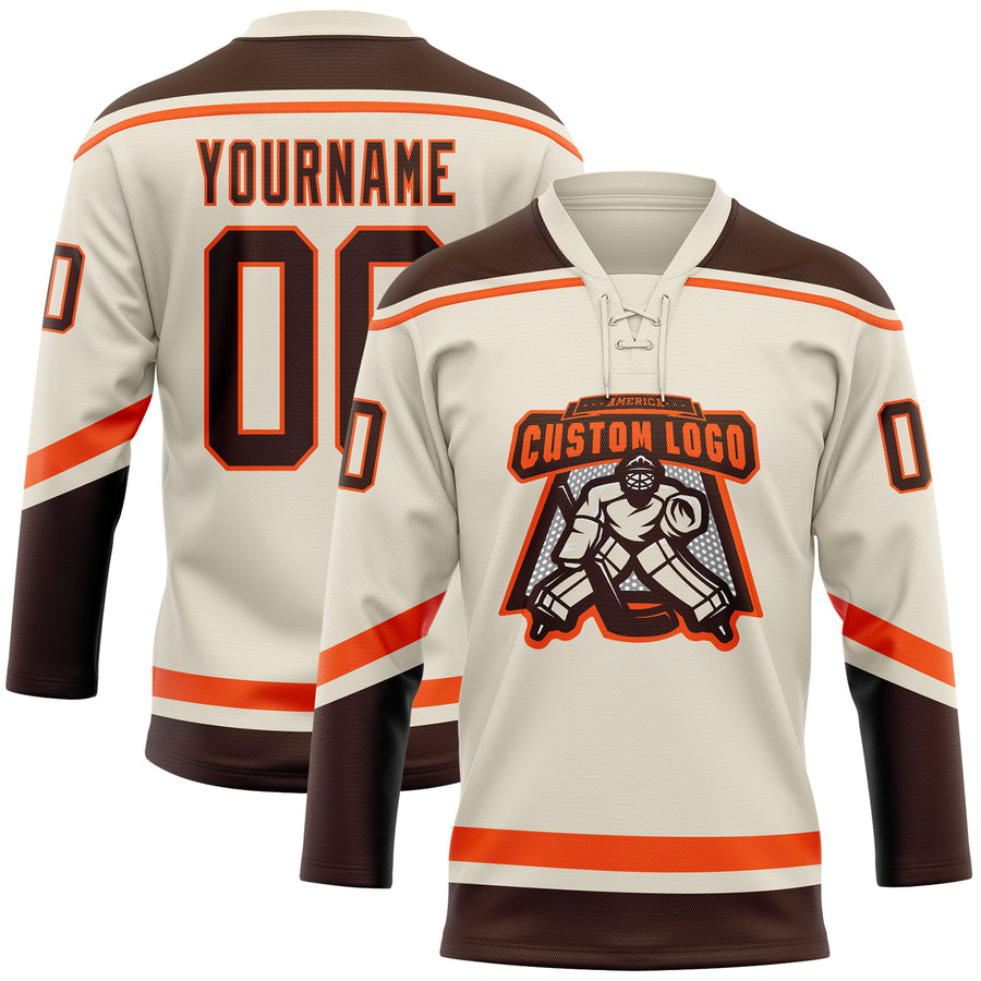 Custom Cream Brown-Orange Hockey Lace Neck Jersey