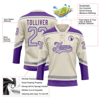 Custom Cream Gray-Purple Hockey Lace Neck Jersey