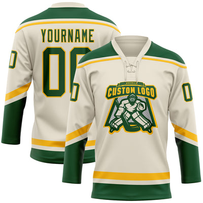 Custom Cream Green-Gold Hockey Lace Neck Jersey